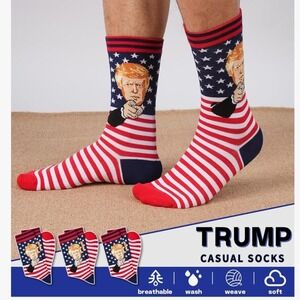 Donald Trump American Flag Patriotic Crew Socks Mens Novelty Red White Blue MAGA